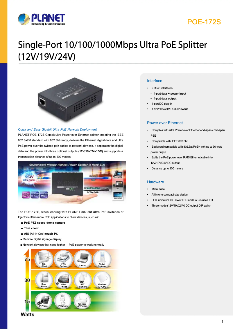 Page 1 de la notice Fiche technique Planet POE-172S