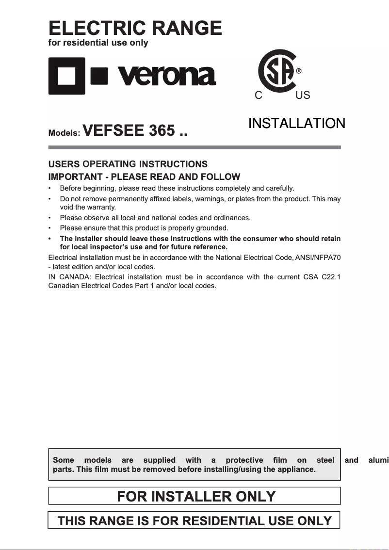 Page 1 de la notice Guide d'installation Verona VEFSEE365E