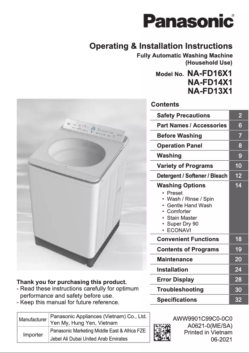 Page 1 de la notice Manuel utilisateur Panasonic NA-FD13X1