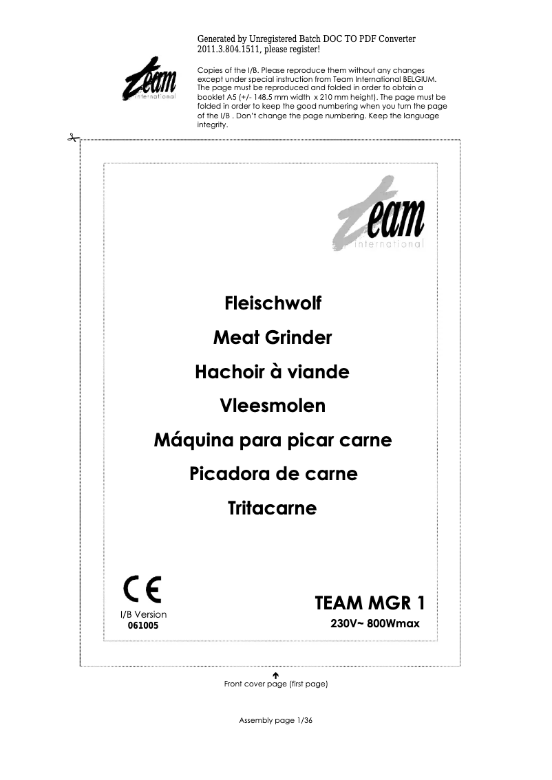 Page 1 de la notice Manuel utilisateur Team MGR 1