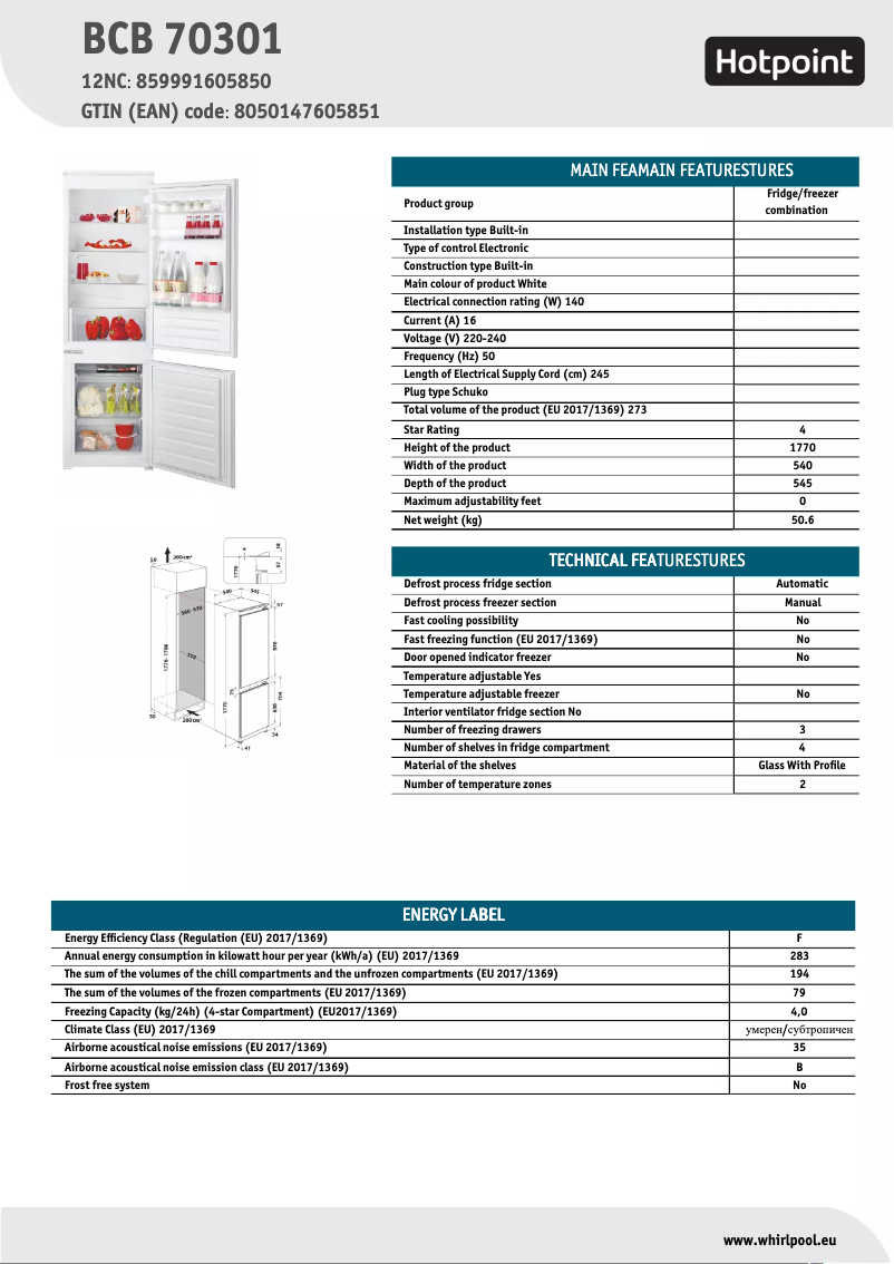 Page 1 de la notice Fiche technique Hotpoint BCB 70301 AA