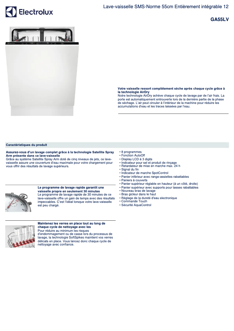 Page 1 de la notice Fiche technique Electrolux GA55LV