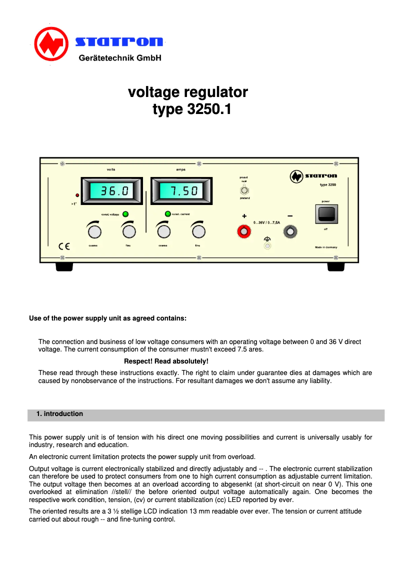 Page 1 de la notice Manuel utilisateur Statron 3250.1