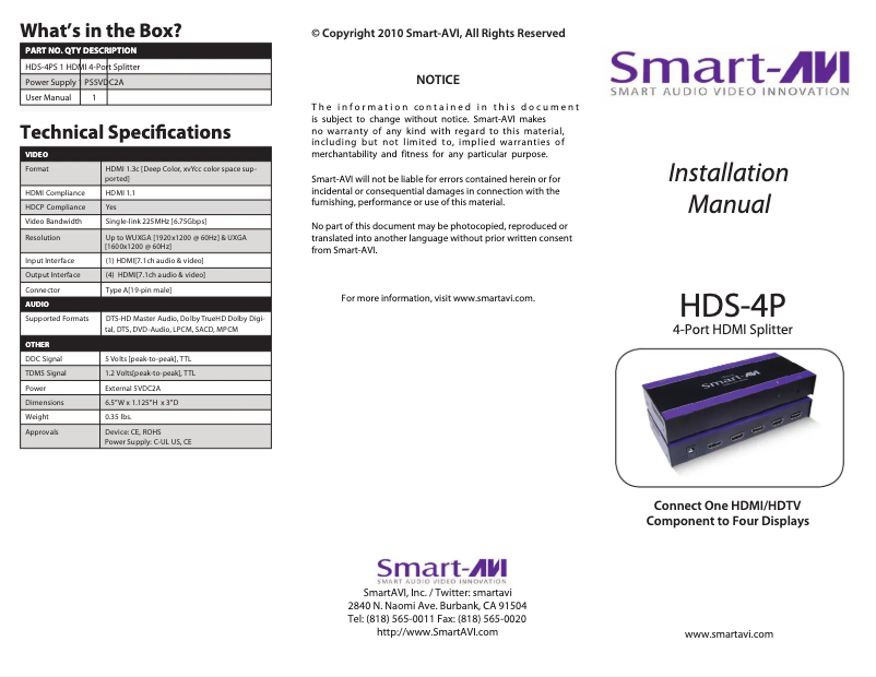 Page 1 de la notice Manuel utilisateur Smart-AVI HDS-4PS