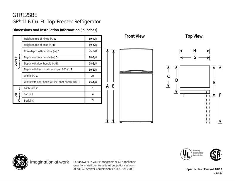 Page 1 de la notice Fiche technique GE GTR12SBESS
