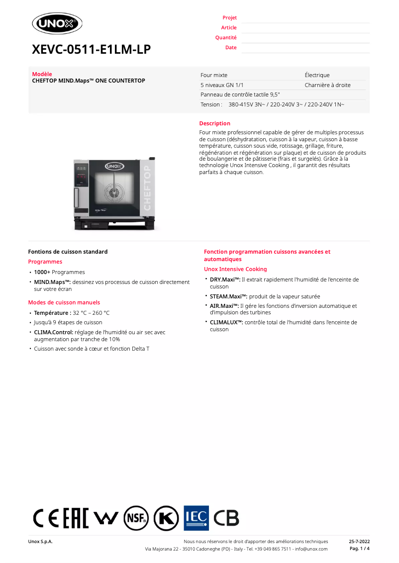 Página 1 del manual Ficha técnica Unox CHEFTOP MIND.Maps ONE