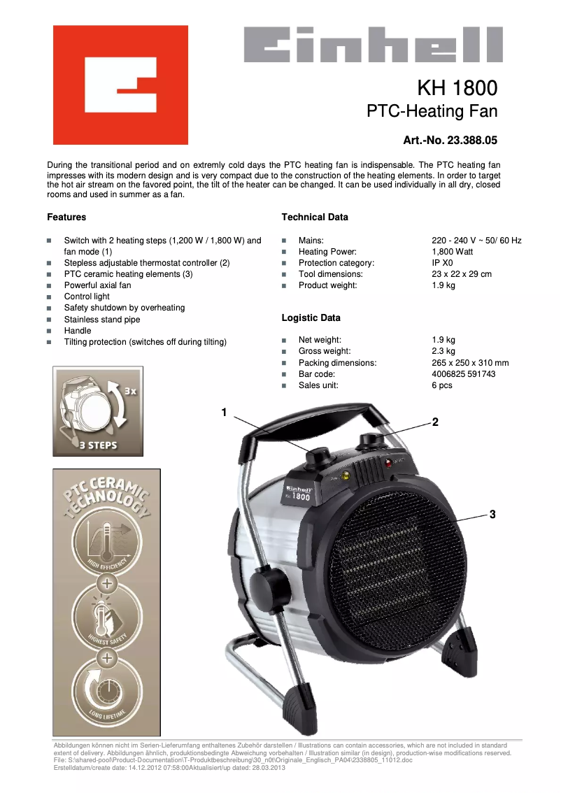 Page 1 de la notice Fiche technique Einhell KH 1800