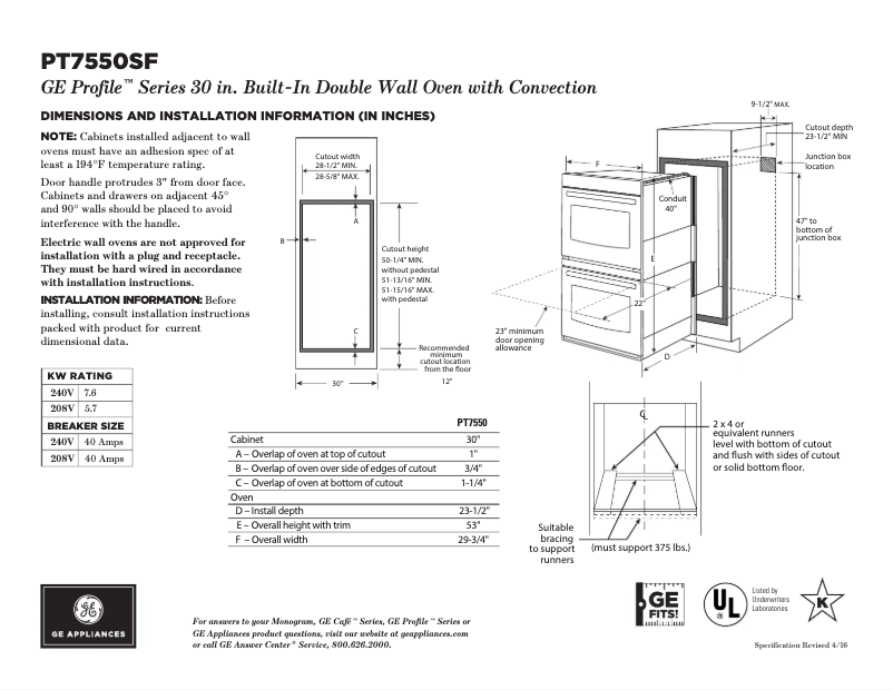 Page 1 de la notice Fiche technique GE PT7550SFSS