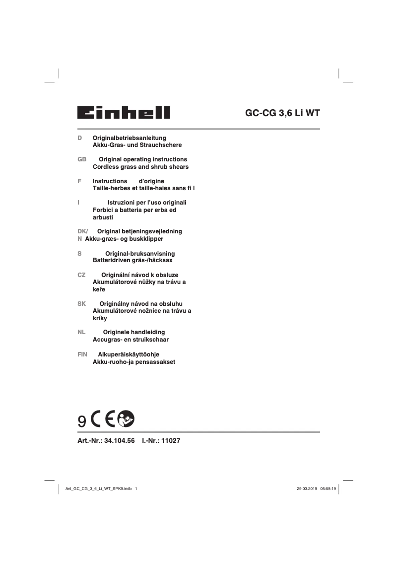 Page n°1 - Manuel utilisateur Einhell GC-CG 3.6 Li WT