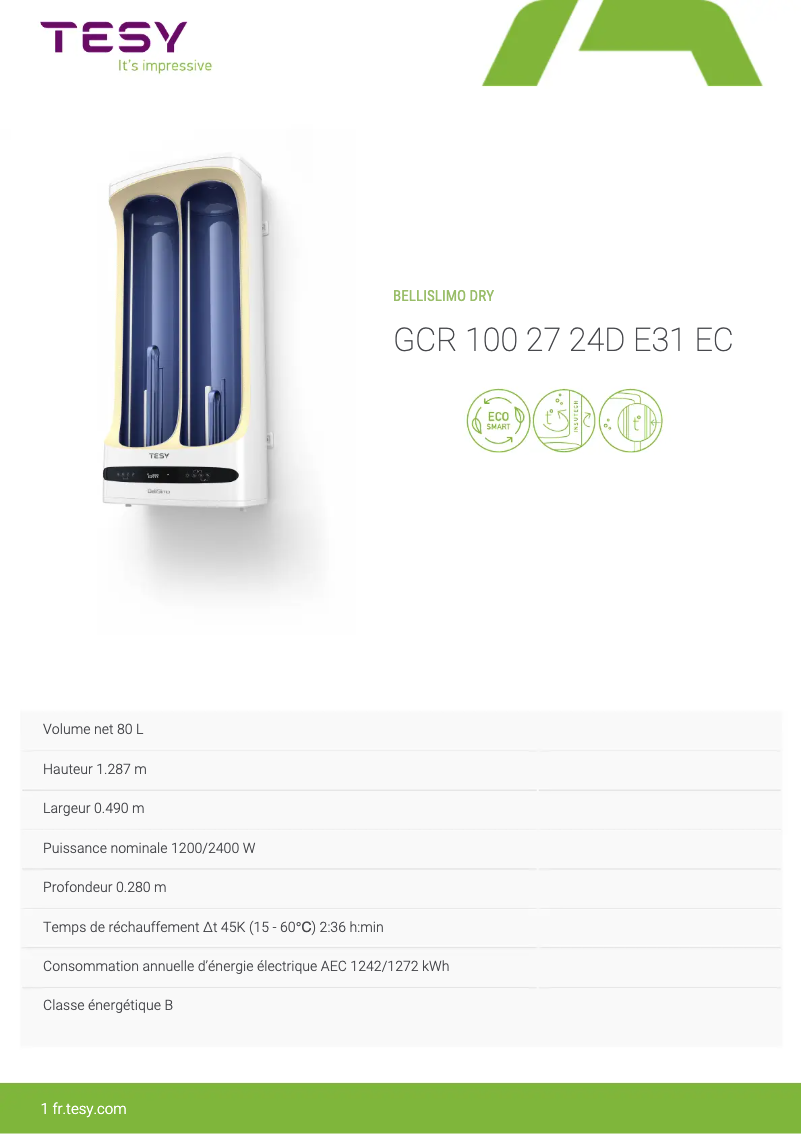 Página 1 del manual Ficha técnica Tesy BelliSlimo Dry 100