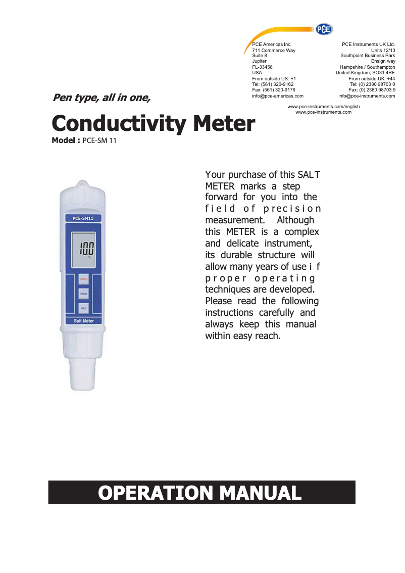 Page 1 de la notice Manuel utilisateur PCE Instruments PCE-SM 11