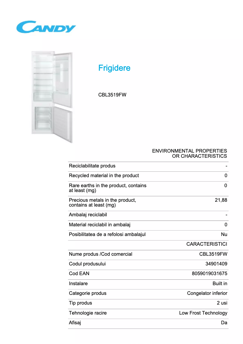 Page 1 de la notice Fiche technique Candy CBL3519FW
