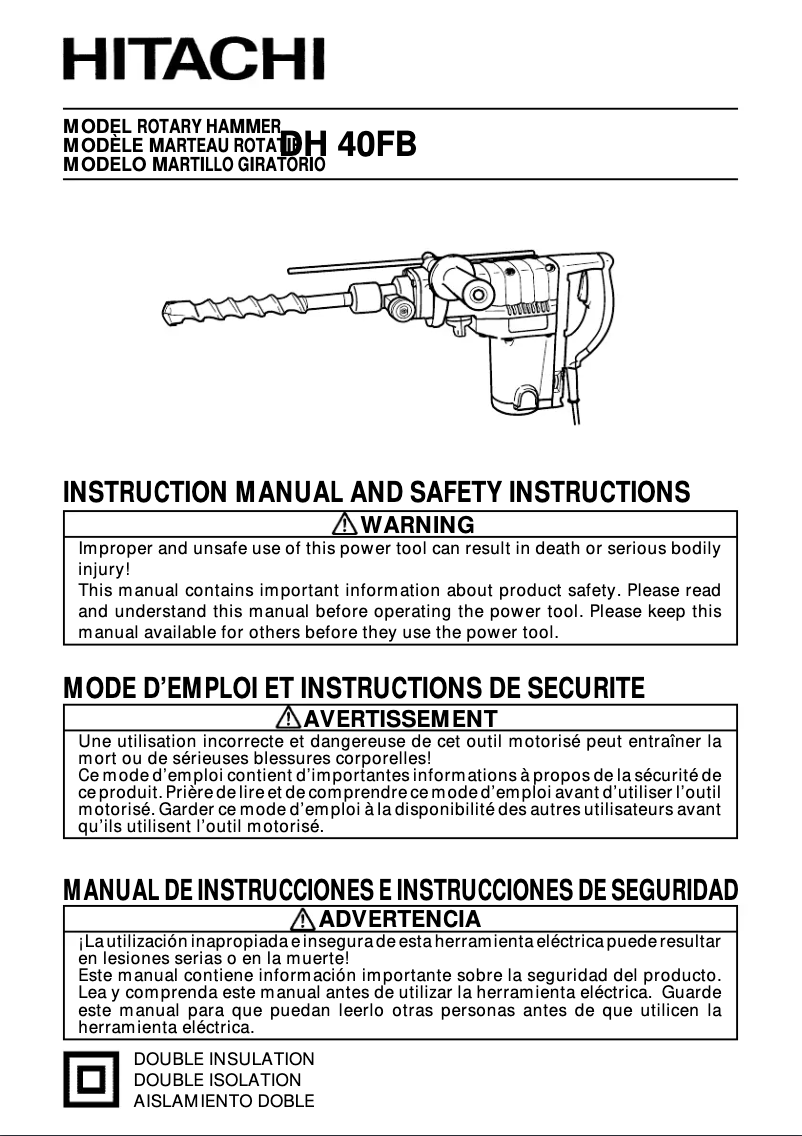Page 1 de la notice Manuel utilisateur Hitachi DH 40FB