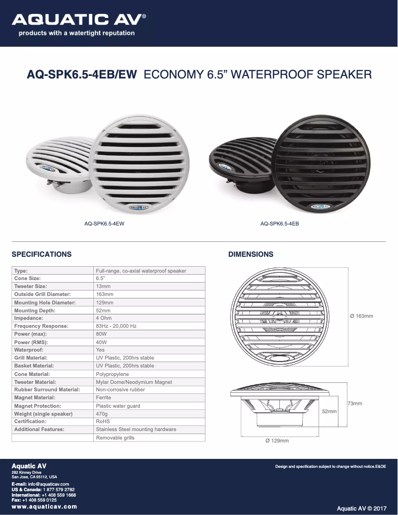 Page 1 de la notice Manuel utilisateur Aquatic AV AQ-SPK6.5-4EW