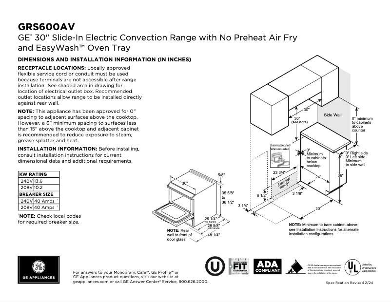 Page 1 of the manual Technical Sheet GE GRS600AVDS