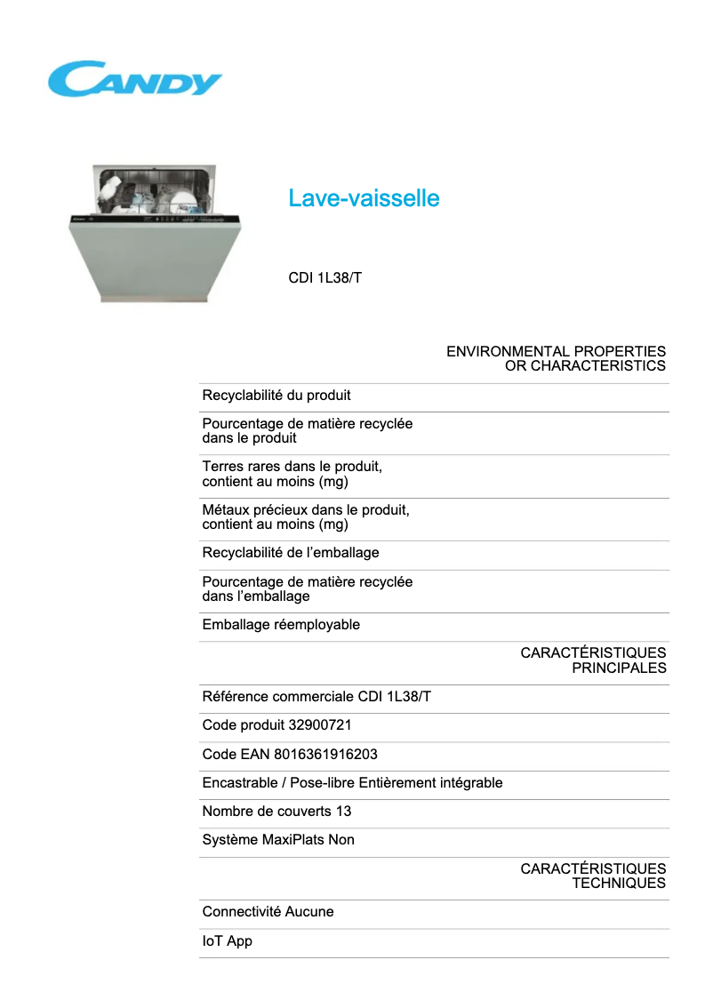 Page 1 de la notice Fiche technique Candy CDI 1L38/T