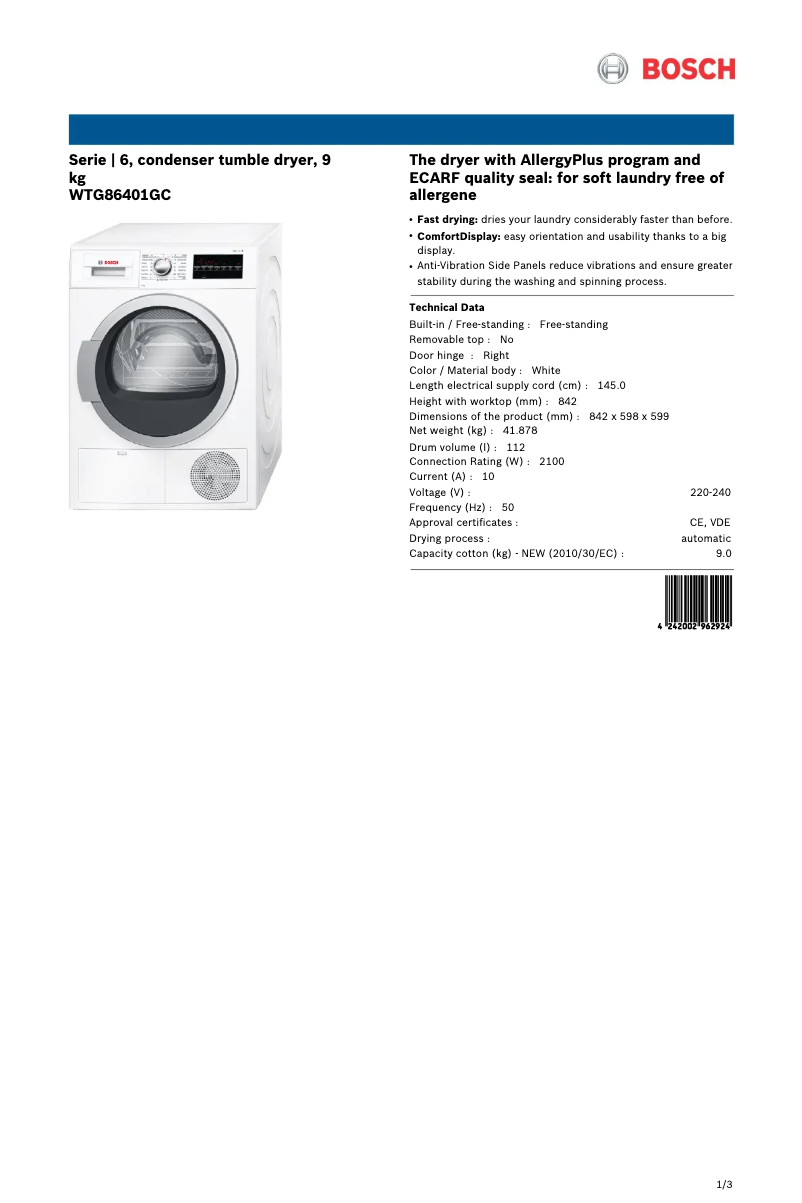Page 1 of the manual Technical Sheet Bosch WTG86401GC