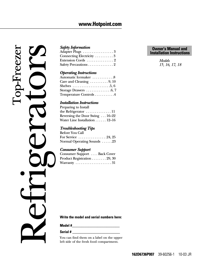 Page 1 de la notice Guide d'installation Hotpoint HTH15BBRLWW