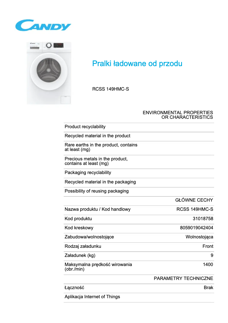 Page 1 de la notice Fiche technique Candy RCSS 149HMC-S