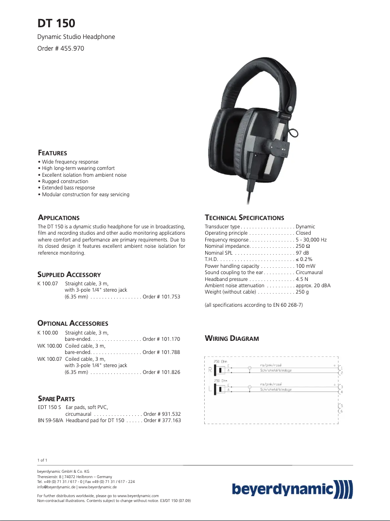 Page n°1 - Fiche technique Beyerdynamic DT 150