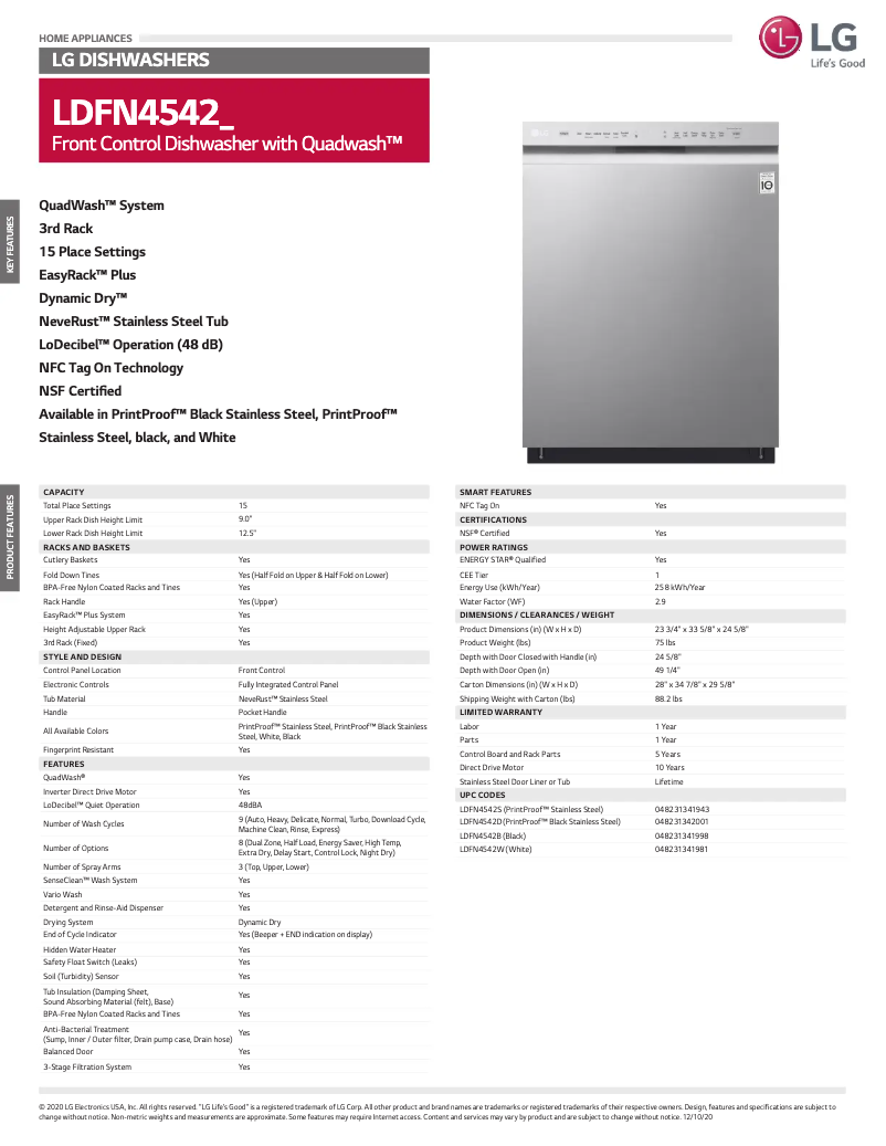 Page 1 de la notice Fiche technique LG LDFN4542W