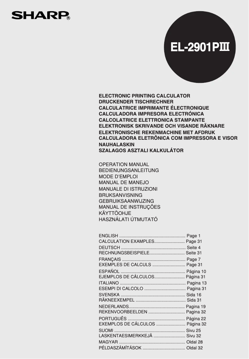 Page n°1 - Manuel utilisateur Sharp EL-2901PIII