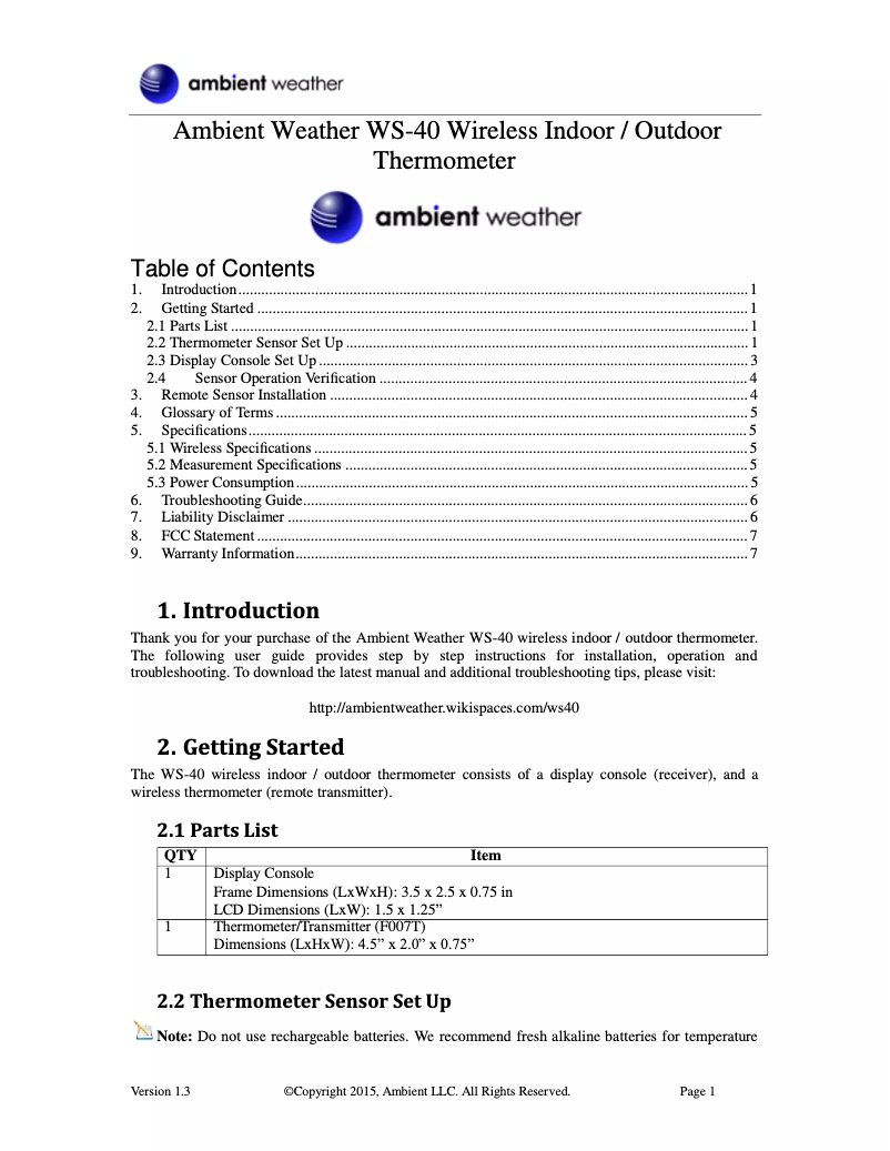 Page n°1 - Manuel utilisateur Ambient Weather WS-40