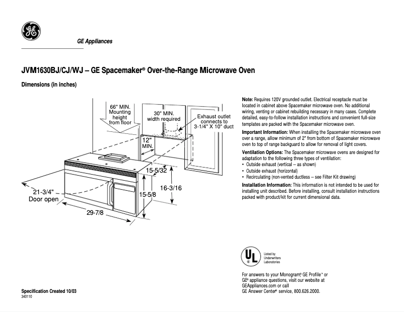 Page n°1 - Fiche technique GE JVM1630CJ
