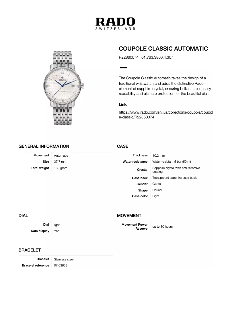 Page n°1 - Manuel utilisateur Rado Coupole Classic Automatic R22860074