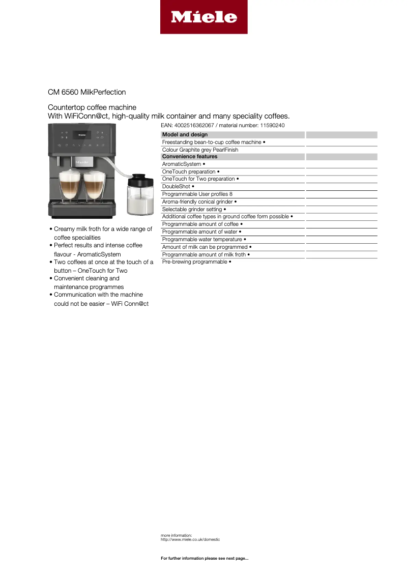 Page 1 de la notice Fiche technique Miele MilkPerfection CM 6560