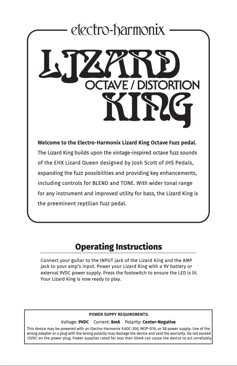 Page 1 de la notice Manuel utilisateur Electro Harmonix Lizard King