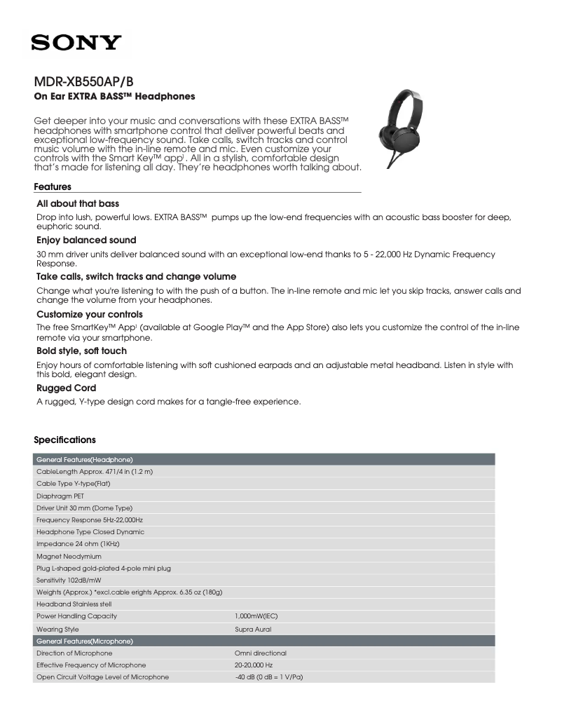 Page 1 de la notice Fiche technique Sony MDR-XB550AP