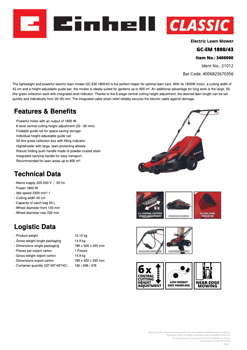Page 1 de la notice Fiche technique Einhell GC-EM 1800/43