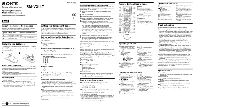 Page 1 de la notice Manuel utilisateur Sony RM-V211T