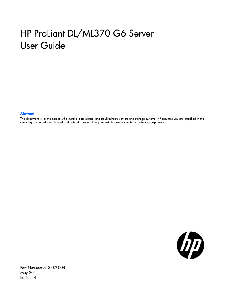 Page 1 de la notice Manuel utilisateur HP ProLiant ML370 G6
