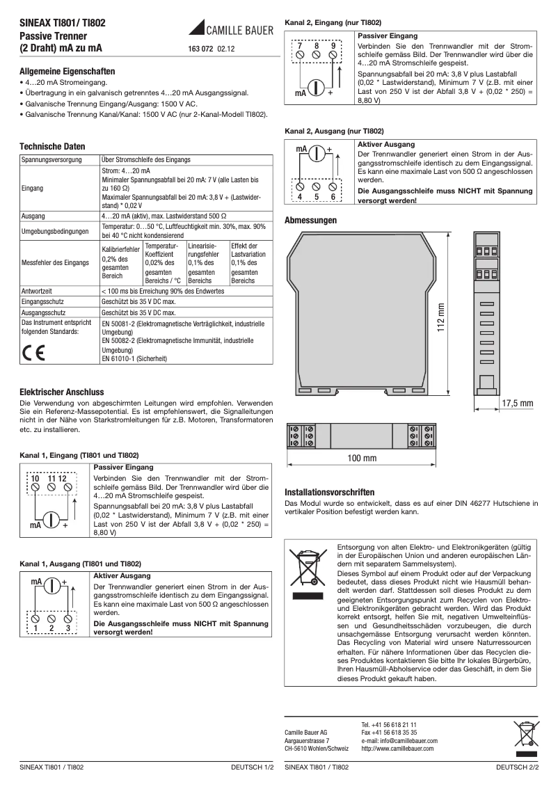 Page 1 de la notice Manuel utilisateur Camille Bauer Sineax TI801