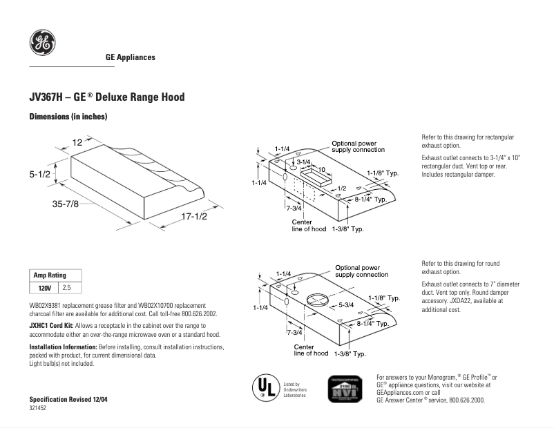Page n°1 - Fiche technique GE JV367HWW