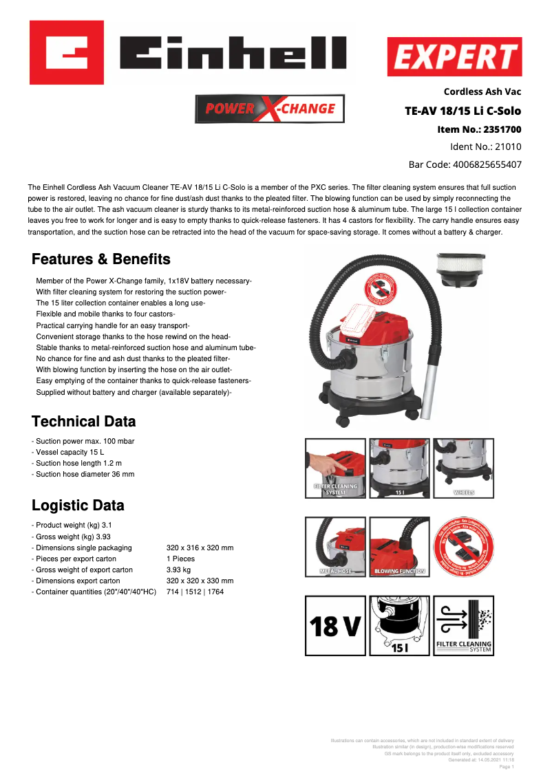 Image de la première page du manuel de l'appareil TE-AV 18/15 Li C-Solo