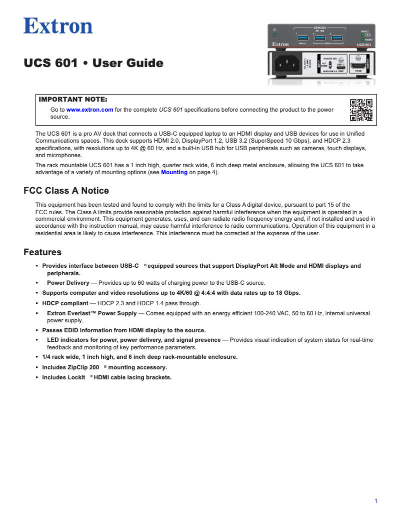 Page 1 de la notice Manuel utilisateur Extron UCS 601