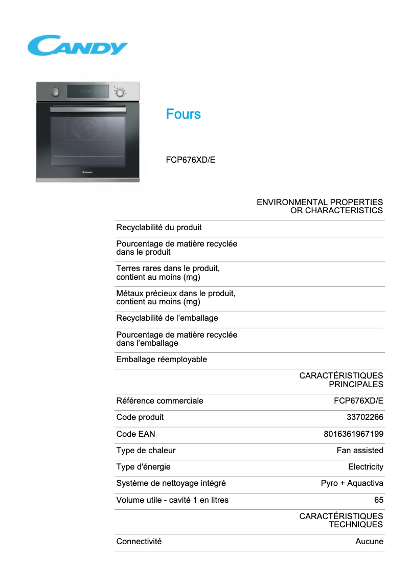 Page 1 de la notice Fiche technique Candy FCP676XD/E