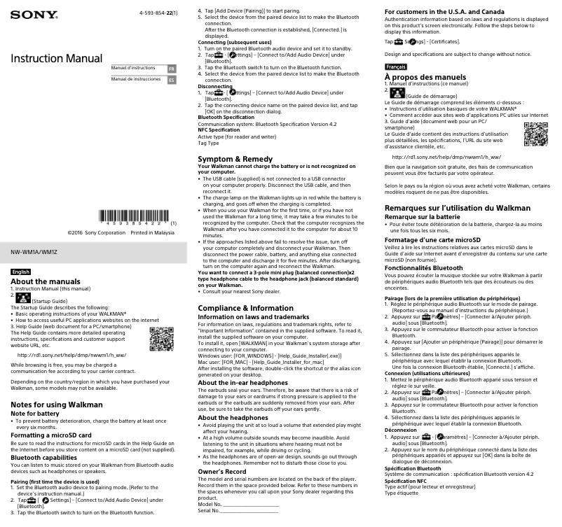 Image de la première page du manuel de l'appareil NW-WM1A