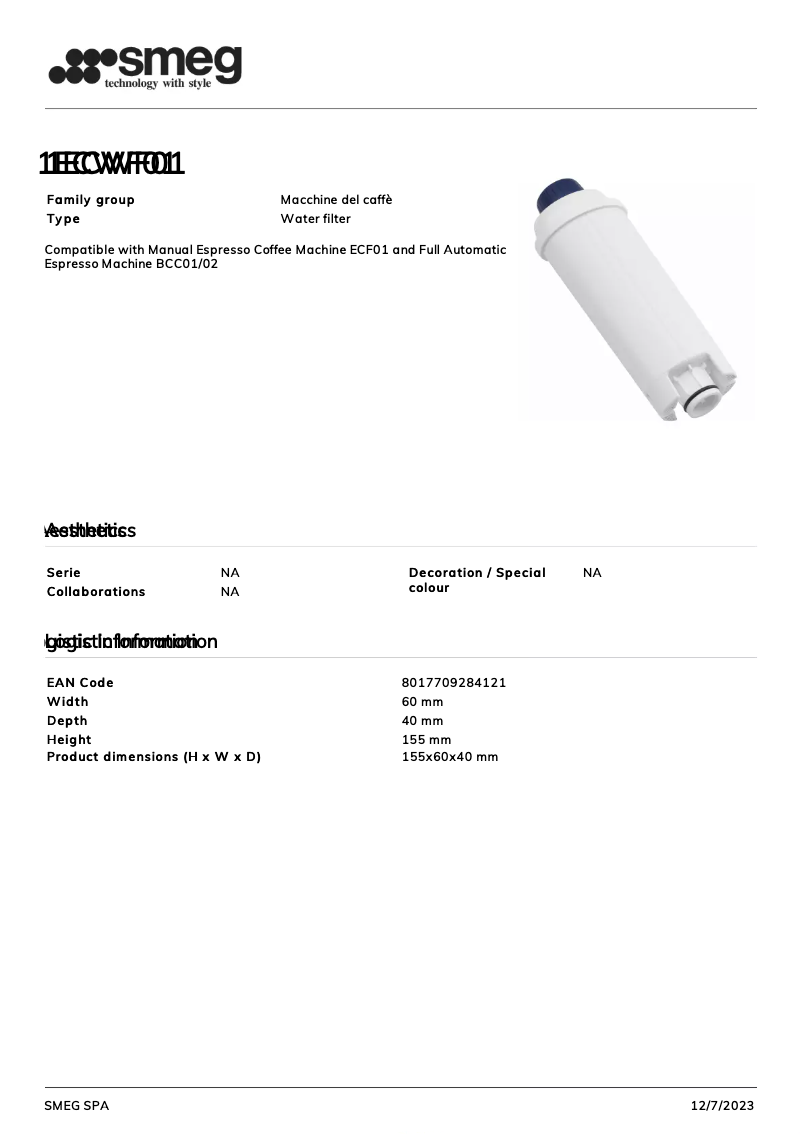 Página 1 del manual Ficha técnica Smeg 1ECWF01