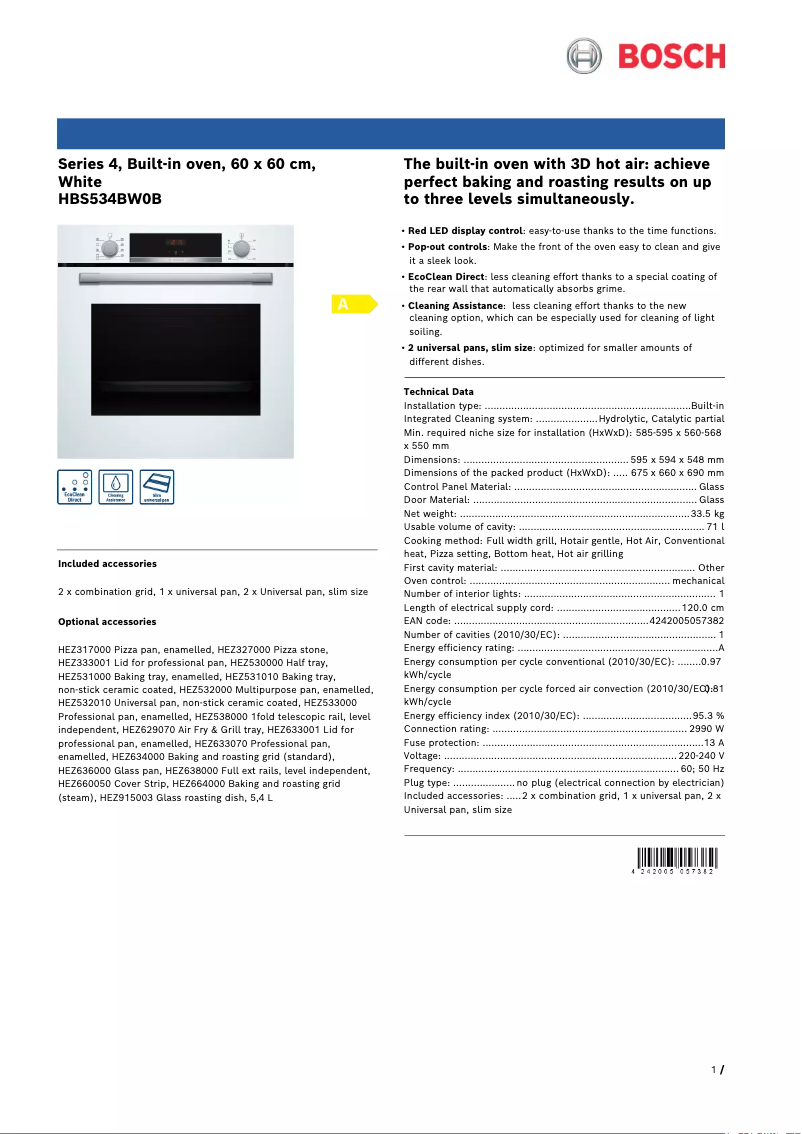 Página 1 del manual Ficha técnica Bosch Serie 4 HBS534BW0B