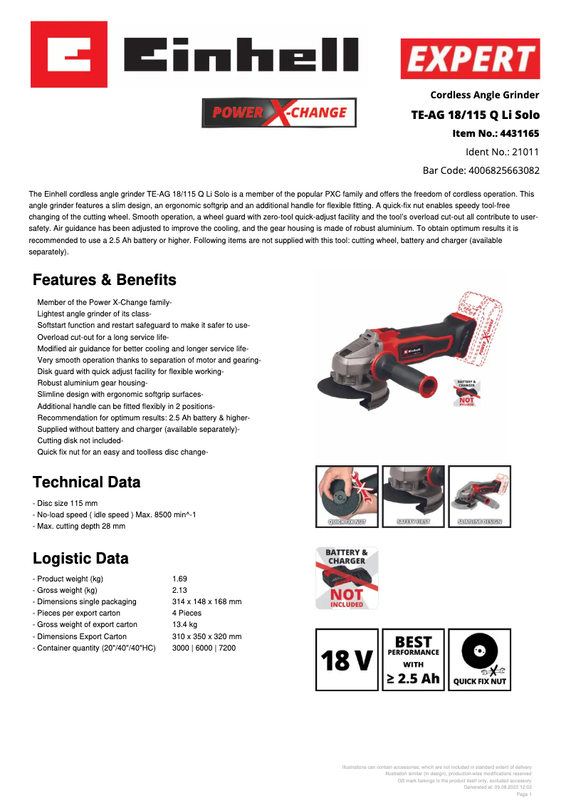 Page n°1 - Fiche technique Einhell TE-AG 18/115 Q Li