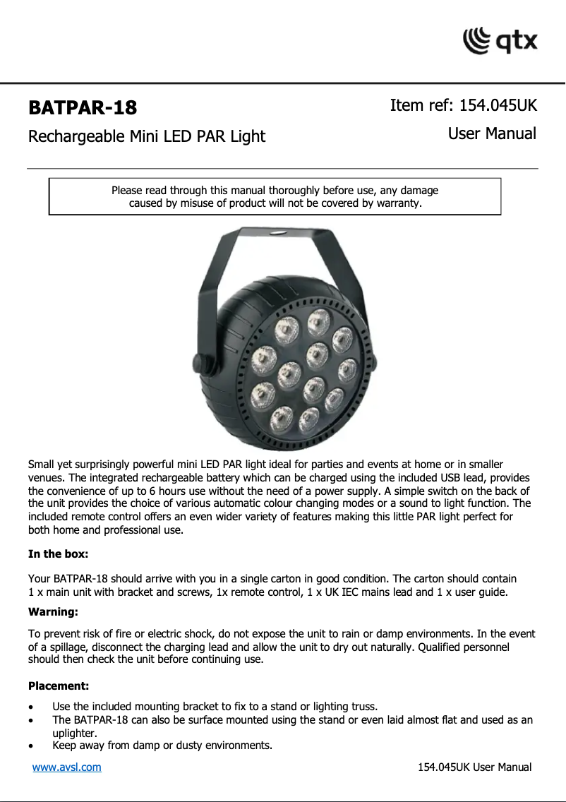 Page 1 de la notice Manuel utilisateur Qtx BATPAR-18