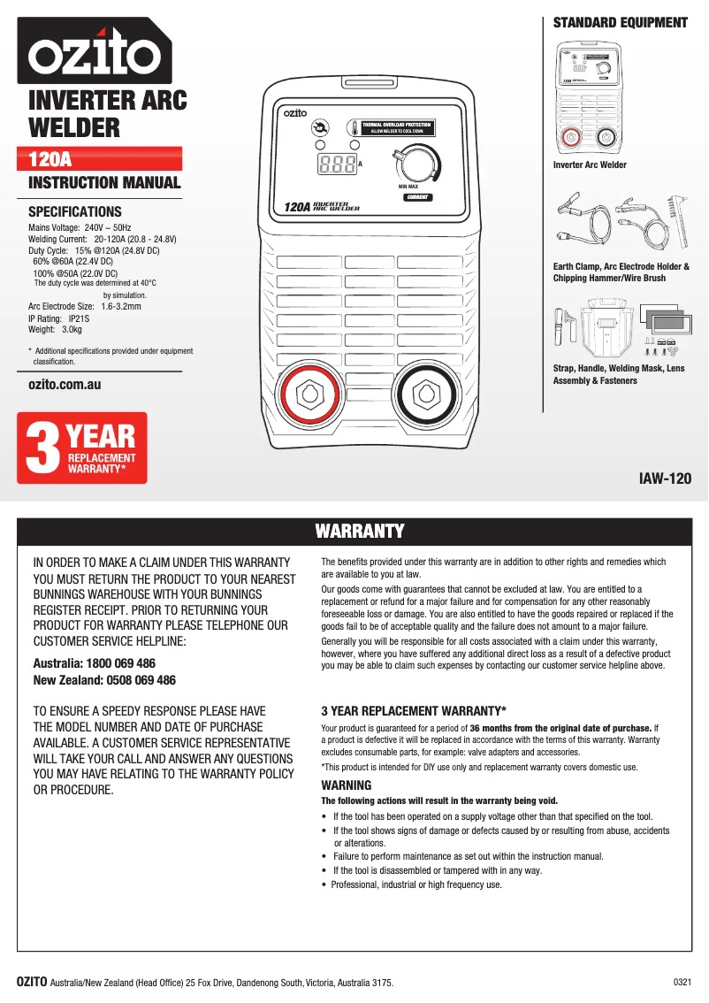 Page 1 de la notice Manuel utilisateur Ozito IAW-120
