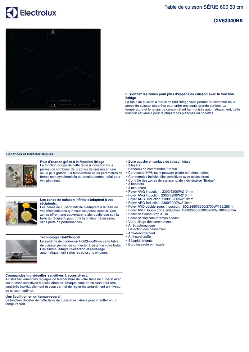 Page 1 de la notice Fiche technique Electrolux CIV63340BK