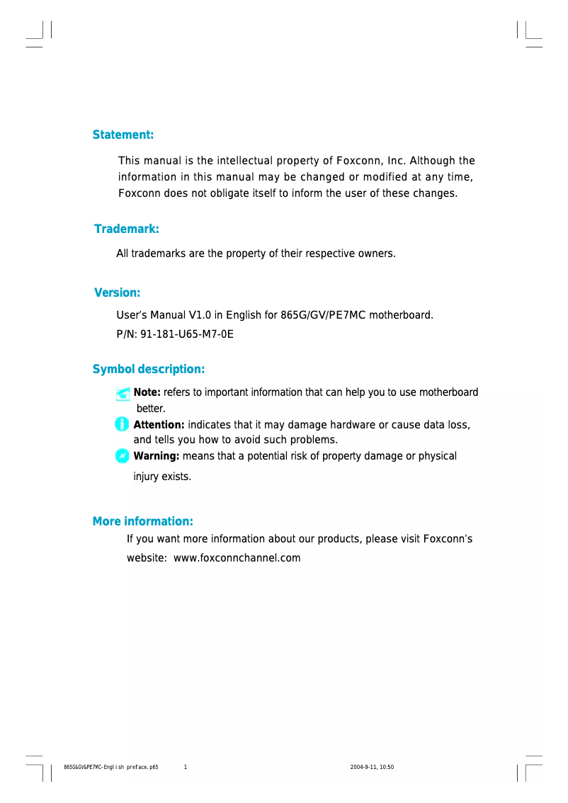 Page 1 de la notice Manuel utilisateur Foxconn 865PE7MC-ES