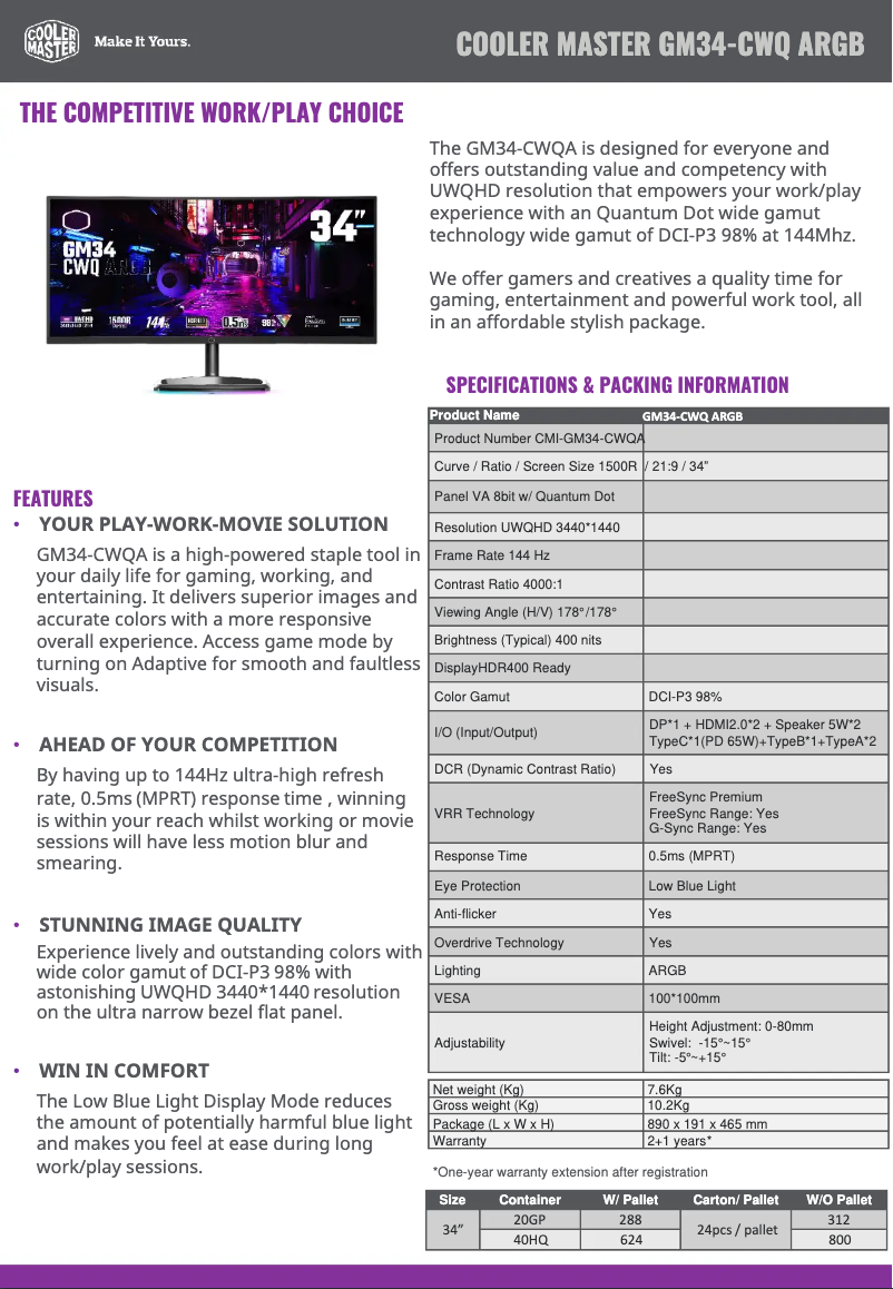Page n°1 - Fiche technique Cooler Master GM34-CWQ ARGB