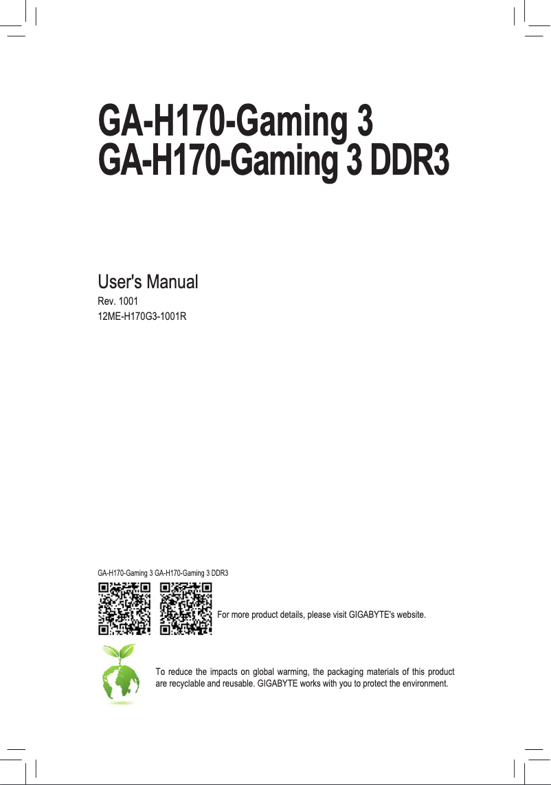 Page n°1 - Manuel utilisateur Gigabyte GA-H170-Gaming 3